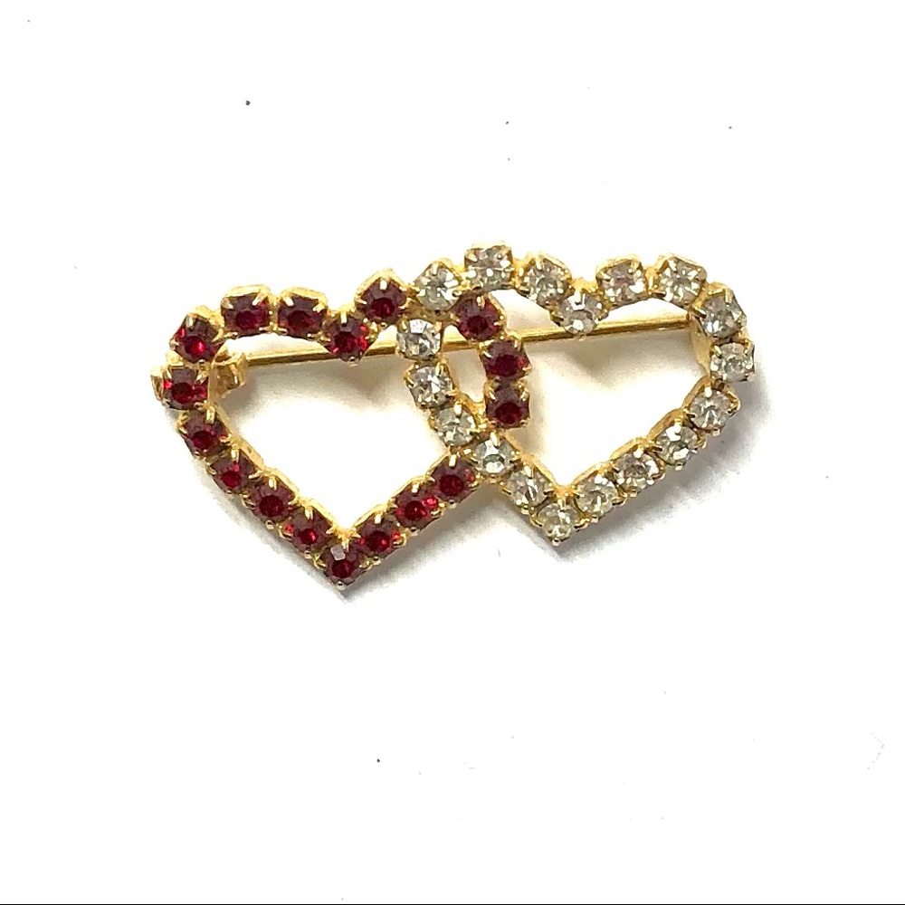 Gold Double Hearts Red/White Rhinestone Brooch Pin